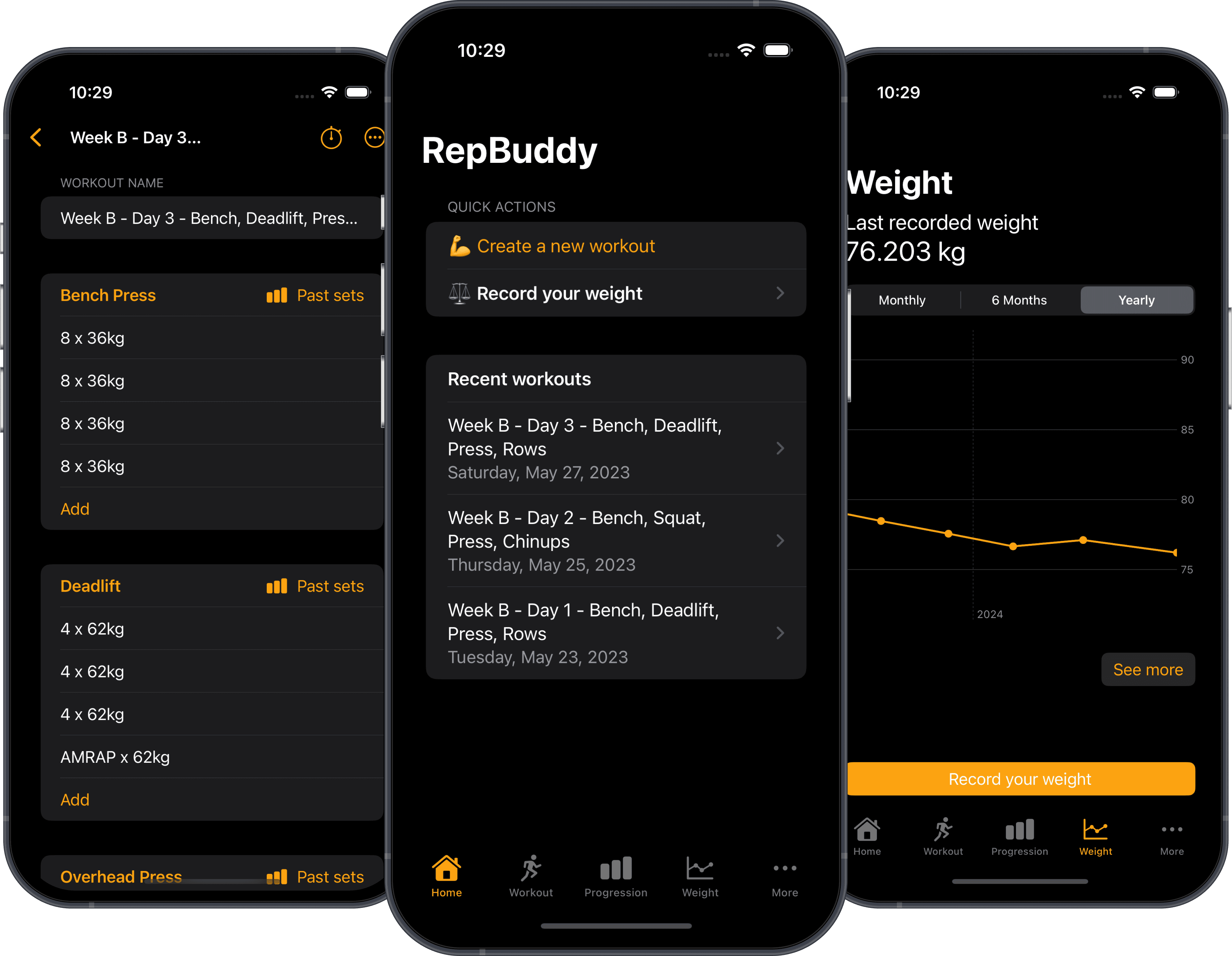RepBuddy app screenshots showing workout tracking, home screen, and weight tracking features